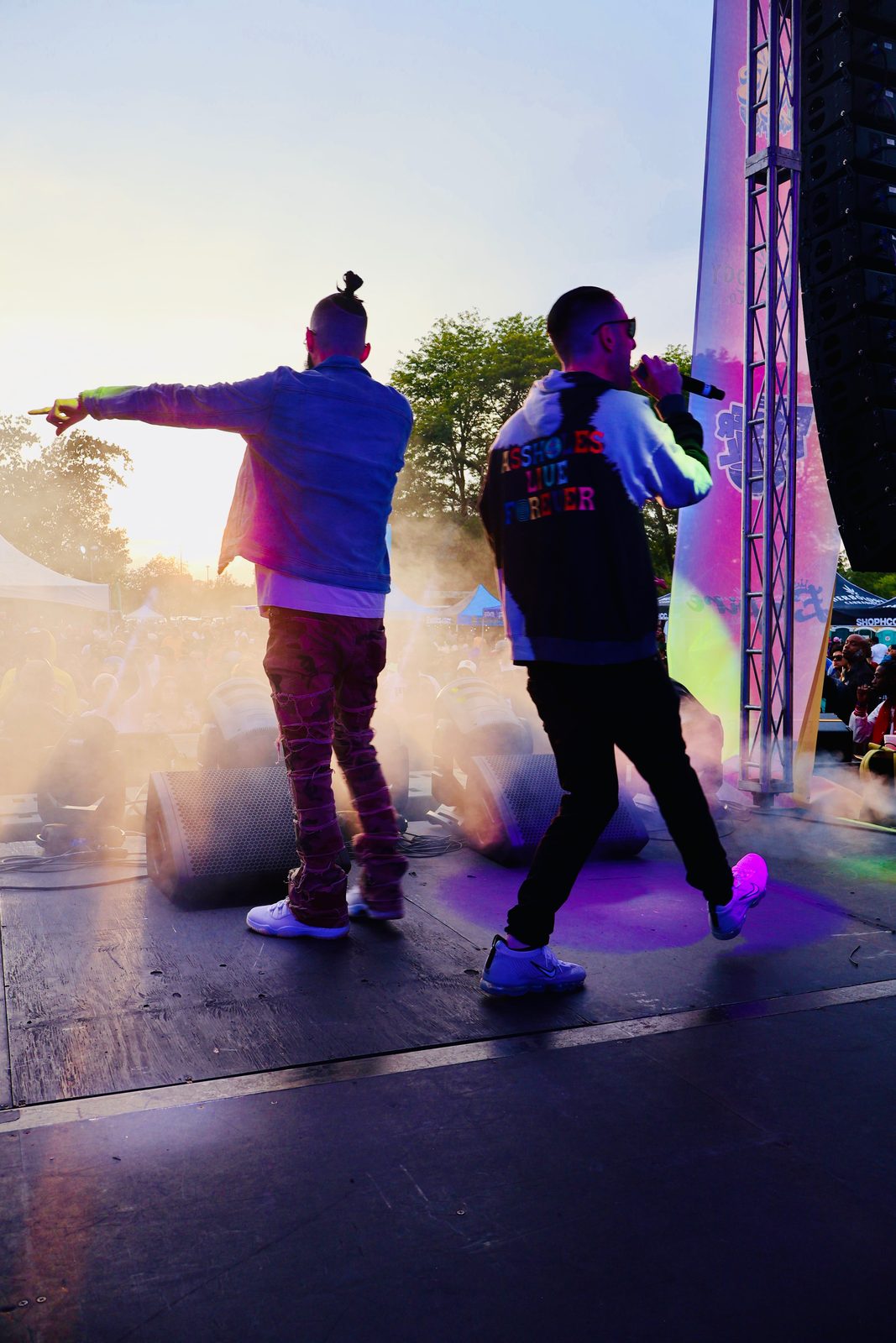 On stage in pink haze